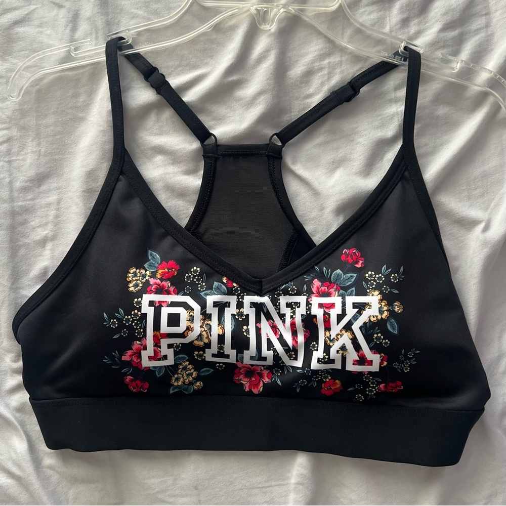 PINK Victoria’s Secret Black Floral Sports Bra NWT Medium